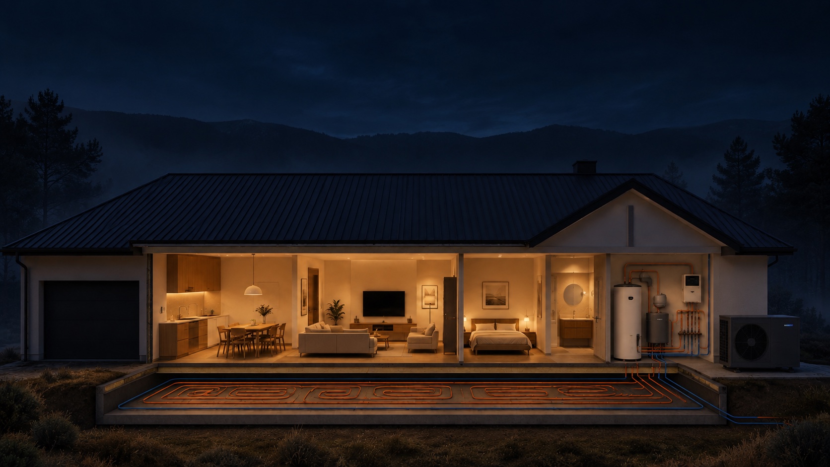 Sección de una vivienda unifamiliar de noche con el suelo radiante encendido, el acumulador de agua caliente y la unidad exterior de aerotermia