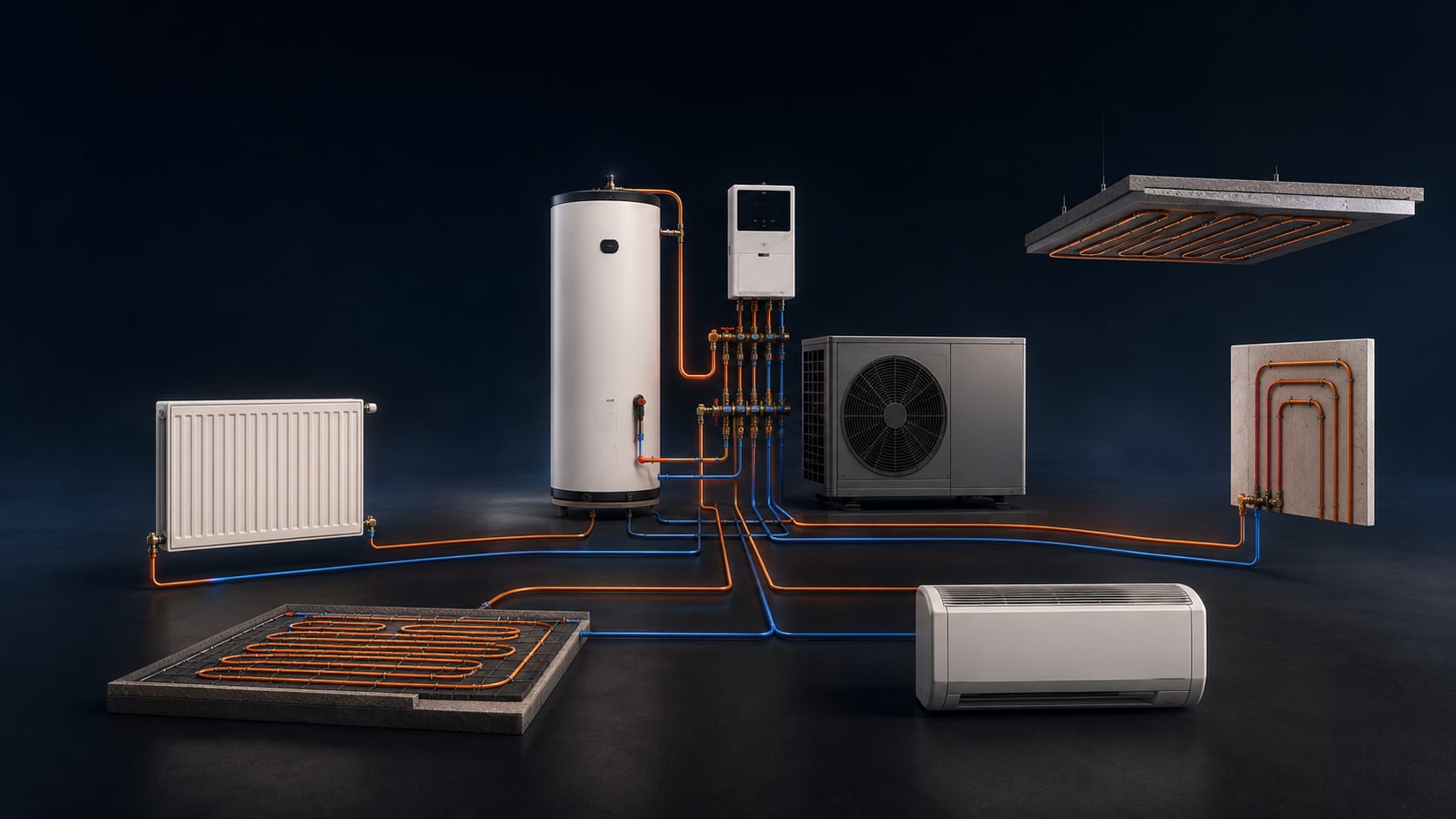 Un solo equipo de aerotermia —unidad exterior, acumulador de agua caliente y colector— conectado a la vez a un radiador, un suelo radiante, un techo radiante, una pared radiante y un fancoil. Los tubos naranjas llevan el agua caliente y los azules la fría.